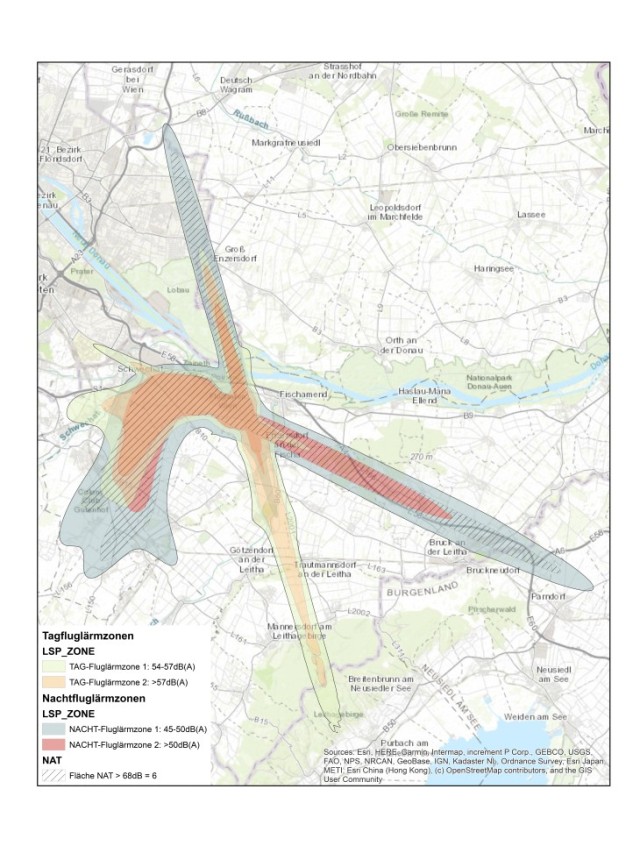 Karte der Umgebung des Flughafens Wien mit farblich markierten Tag- und Nachtlärmzonen sowie besonders betroffenen Bereichen (NAT) entsprechend dem Lärmpegel.